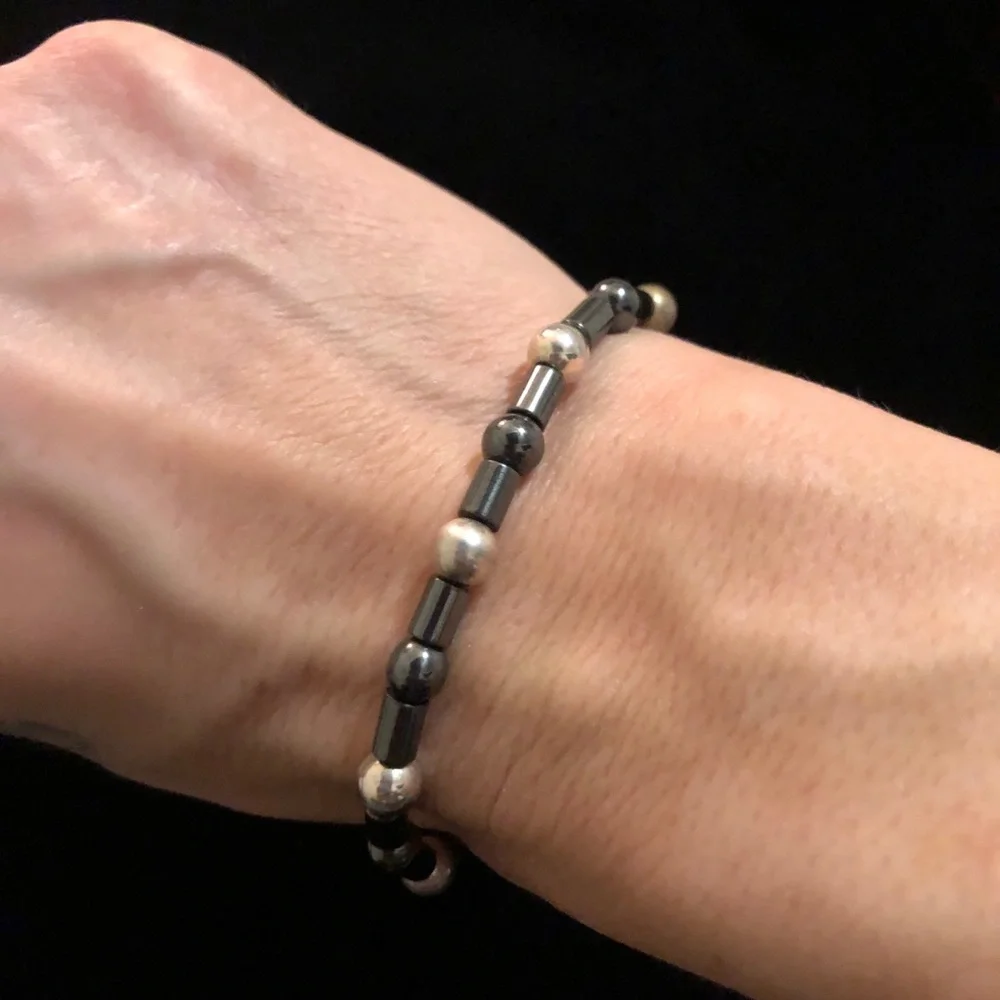 Vintage Hematite and Silver Tone Beaded Bracelet
